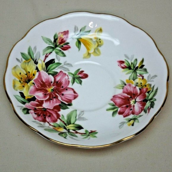 Queen Anne Fine Bone China England Pink & Yellow Azalea Footed Tea Cup & Saucer - Picture 6 of 14